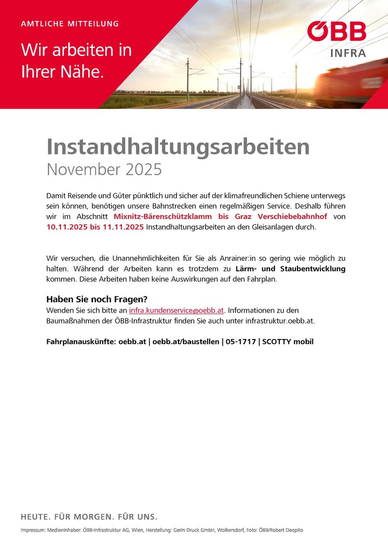 Instandhaltungsarbeiten ÖBB 10./11.11.2025