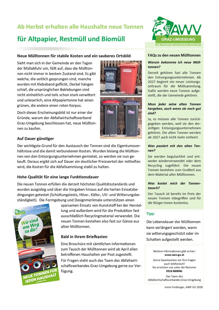 AWV Graz-Umgebung: Ab Herbst erhalten alle Haushalte neue Tonnen für Altpapier, Restmüll und Biomüll
