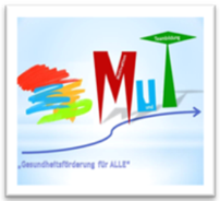 Gesundheitsförderung für ALLE: Logo mit bunten Buchstaben und Pfeil