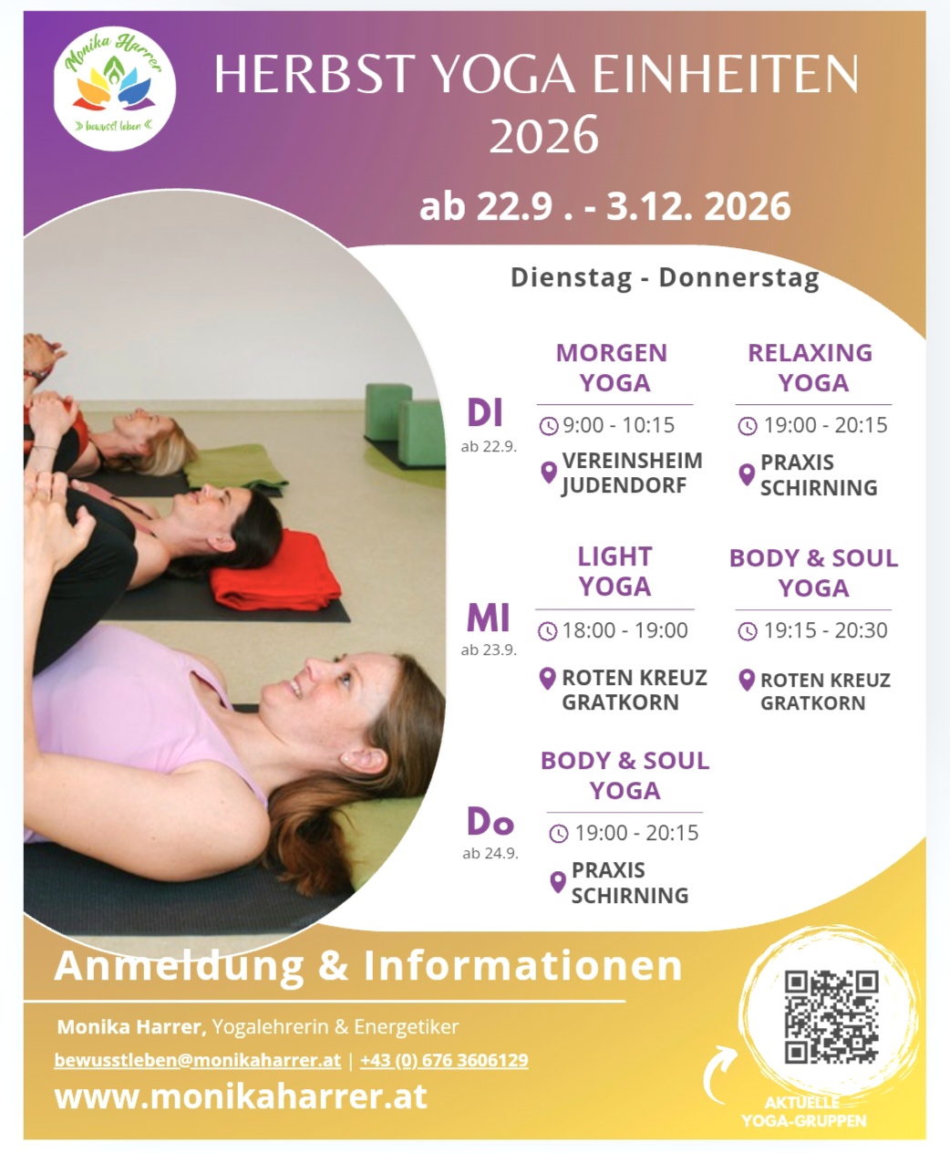 Herbst Yoga Einheiten 2026: Monika Harrer, Yogalehrerin, bietet Kurse in Judendorf, Schirning und Gratkorna an.
