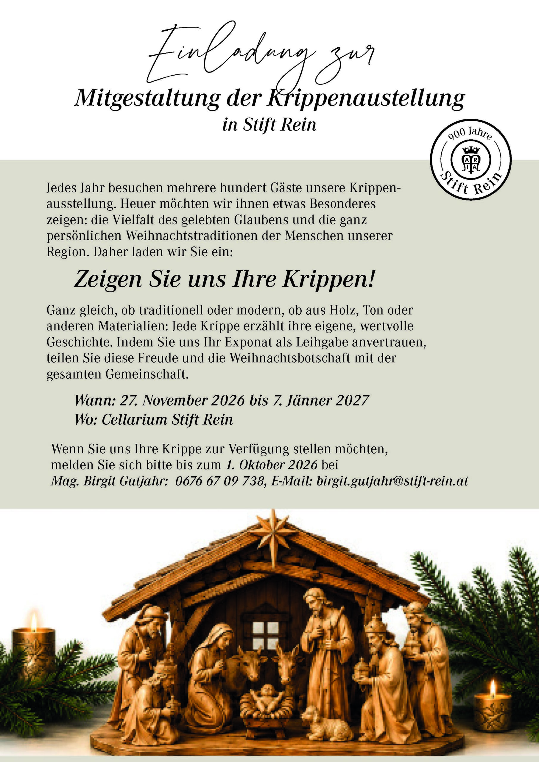 Krippenausstellung im Stift Rein: Einladung zur Mitgestaltung mit Holzfiguren und Kerzen.